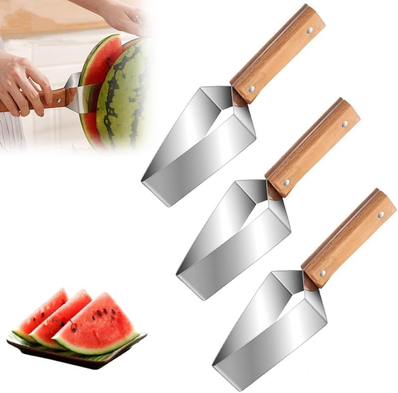 🍉🔪 Tri-Blade Watermelon Slicer with Wood Handle -Cut & Lift in One Motion, Triangular Wedges, 304 Stainless Steel