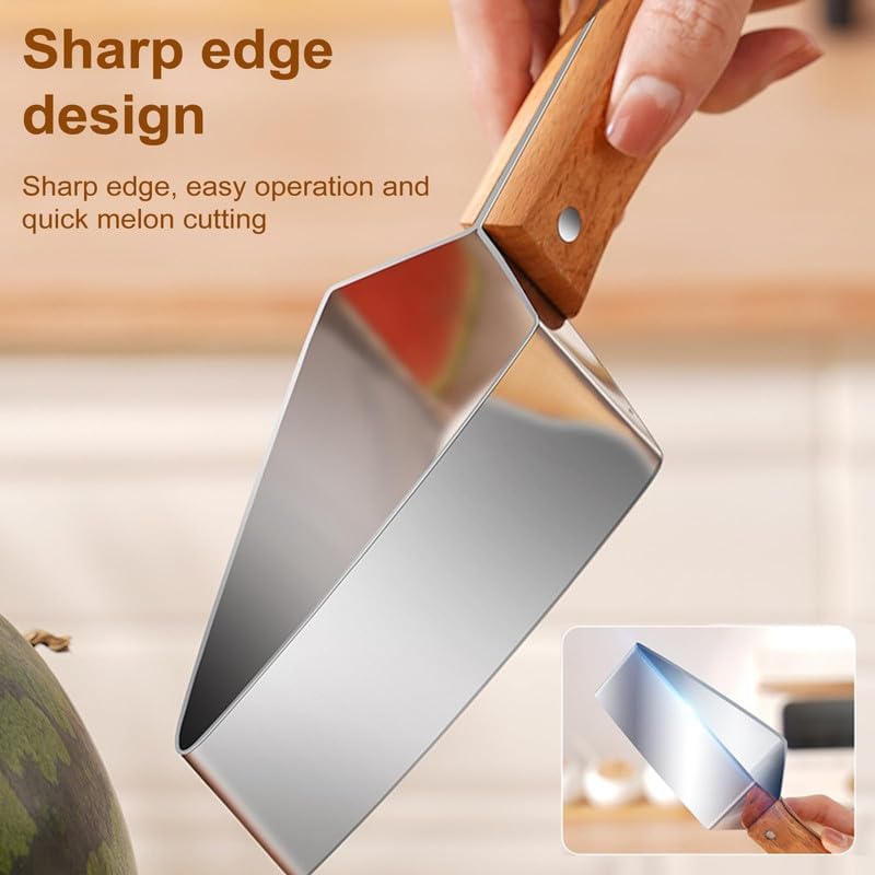 🍉🔪 Tri-Blade Watermelon Slicer with Wood Handle -Cut & Lift in One Motion, Triangular Wedges, 304 Stainless Steel