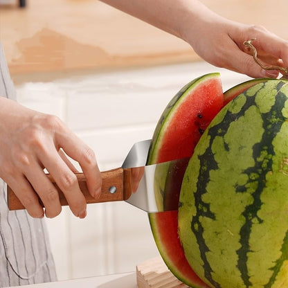 🍉🔪 Tri-Blade Watermelon Slicer with Wood Handle -Cut & Lift in One Motion, Triangular Wedges, 304 Stainless Steel