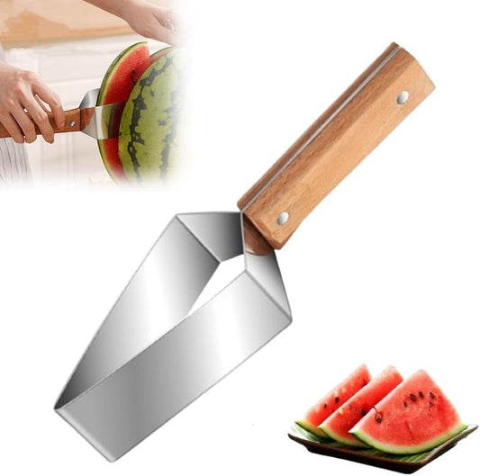 🍉🔪 Tri-Blade Watermelon Slicer with Wood Handle -Cut & Lift in One Motion, Triangular Wedges, 304 Stainless Steel