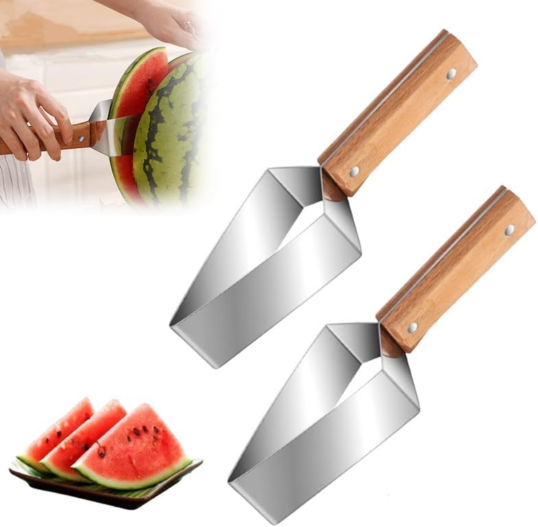 🍉🔪 Tri-Blade Watermelon Slicer with Wood Handle -Cut & Lift in One Motion, Triangular Wedges, 304 Stainless Steel