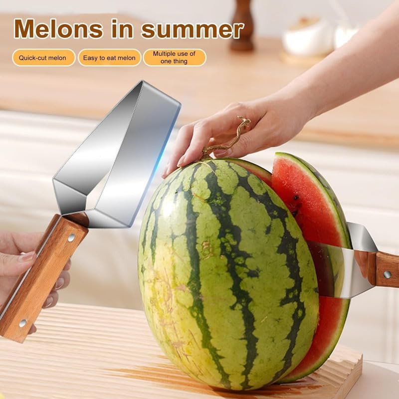 🍉🔪 Tri-Blade Watermelon Slicer with Wood Handle -Cut & Lift in One Motion, Triangular Wedges, 304 Stainless Steel