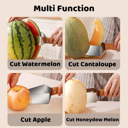 🍉🔪 Tri-Blade Watermelon Slicer with Wood Handle -Cut & Lift in One Motion, Triangular Wedges, 304 Stainless Steel